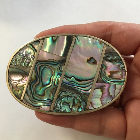Abalone shell inlay silver tone belt buckle - Picture 2 of 7